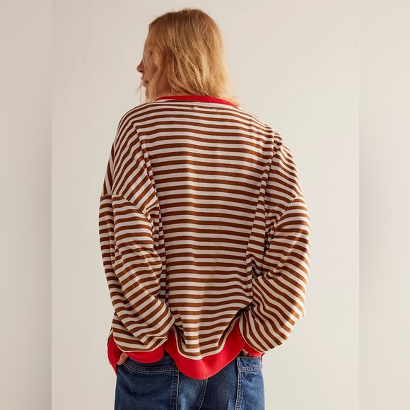 Free People We The Free Classic Striped Oversized Crewneck / Coffee Combo - Picture 6 of 9